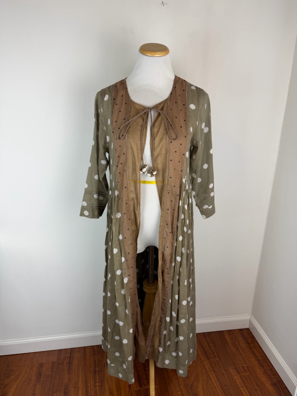 NEEM LIVING Polka Dot Cotton Robe Duster Jacket Lagenlook Tan Size M/L